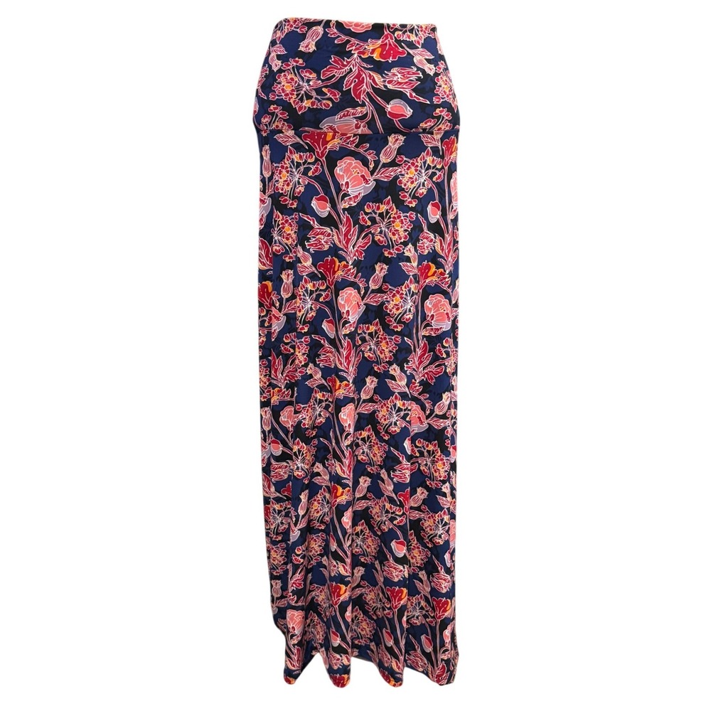 LuLaRoe M Lola Maxi Skirt Navy Pink Floral Stretchy Modest Boho Spring Summer